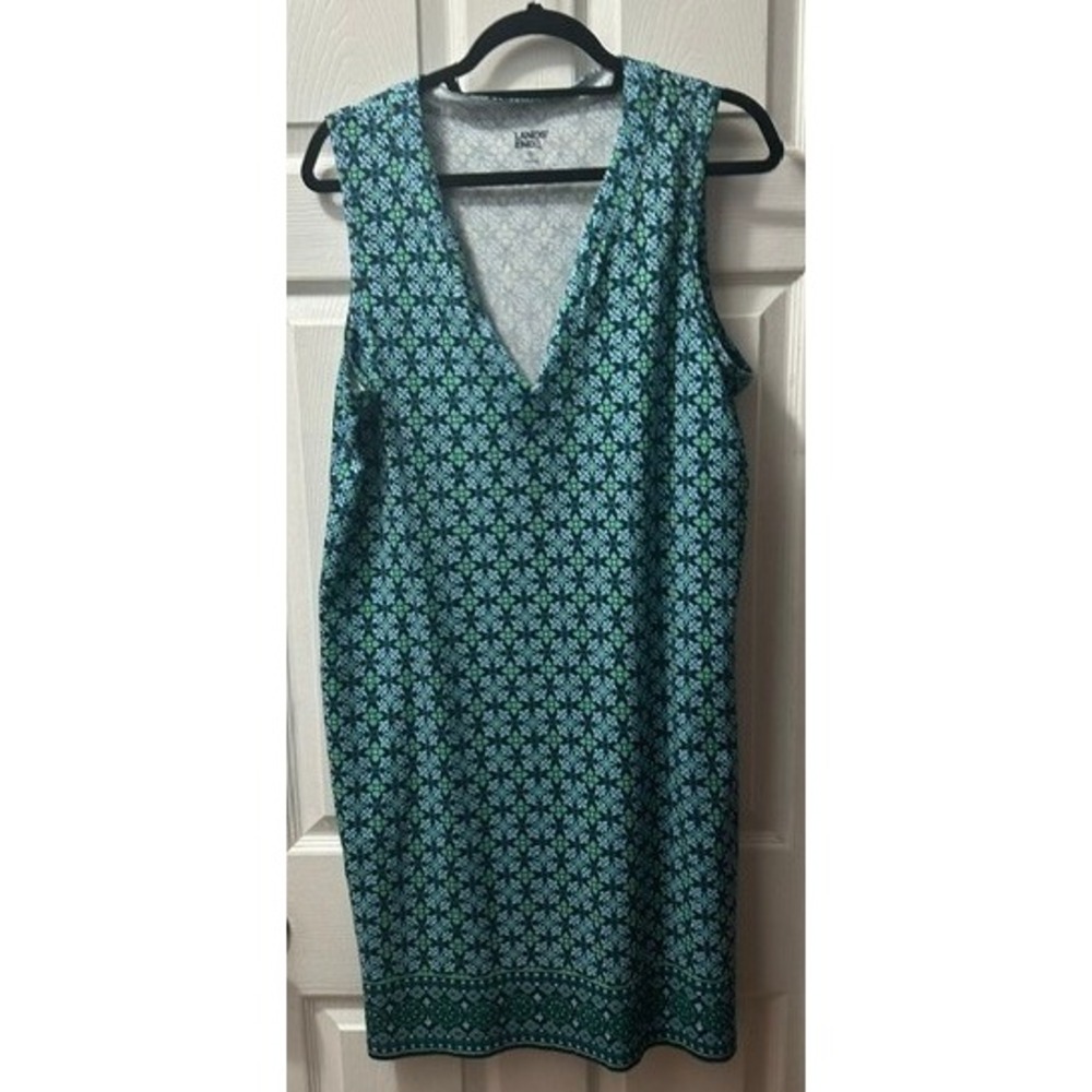 Lands End Womens XL Blue Green Geometric Tile Print Cotton V-Neck Shift Dress